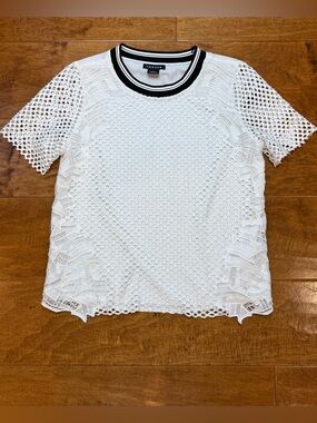Trouvé Lace Mesh Top Striped Neck Lined Short Sleeve White Small